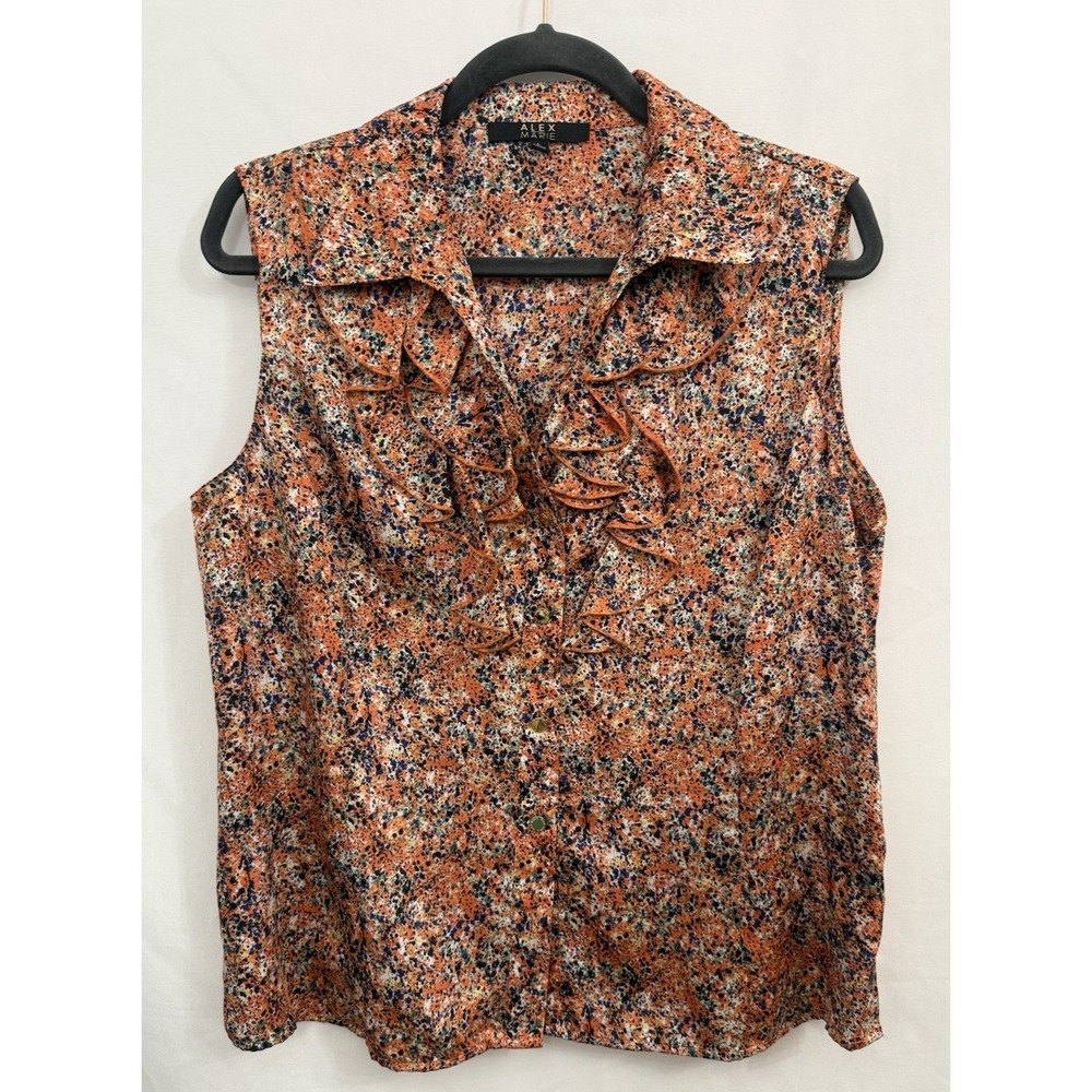 Alex Marie Orange Print Ruffled‎ Sleeveless Button Down Top Blouse Tank Womens L